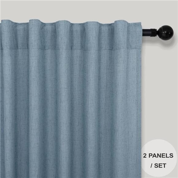 Blue Linen Curtains 84 Inch Length for Living Room 2 Panels Set Back Tab Rod - Picture 3 of 6
